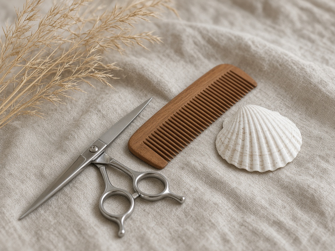 Scissors, comb and shell on linen